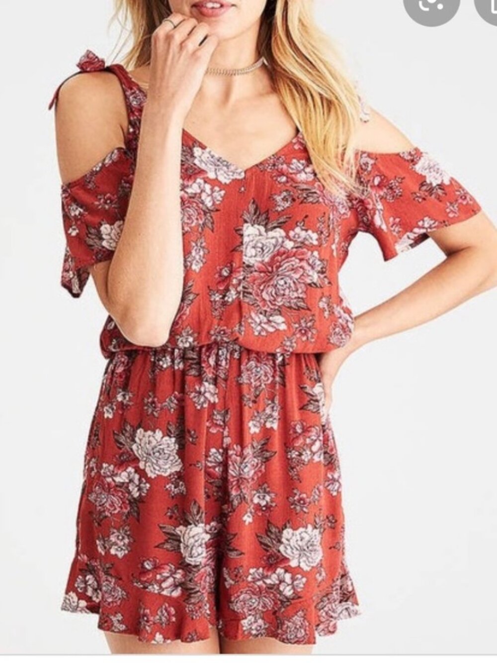 American Eagle Floral V-Neck Romper XS Rust Pink Boho Summer